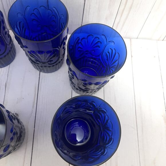 Rare Baroque Revival Cobalt Blue Pressed Glass Tumblers MCM Portuguese Style (6) - Picture 8 of 10